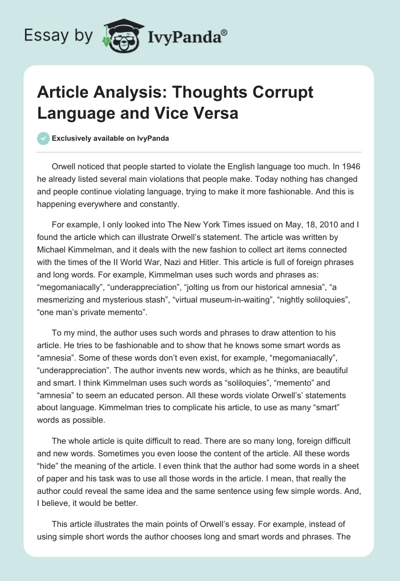 Article Analysis: Thoughts Corrupt Language and Vice Versa. Page 1