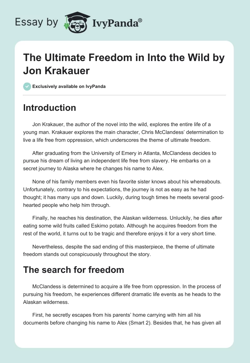 The Ultimate Freedom in "Into the Wild" by Jon Krakauer. Page 1