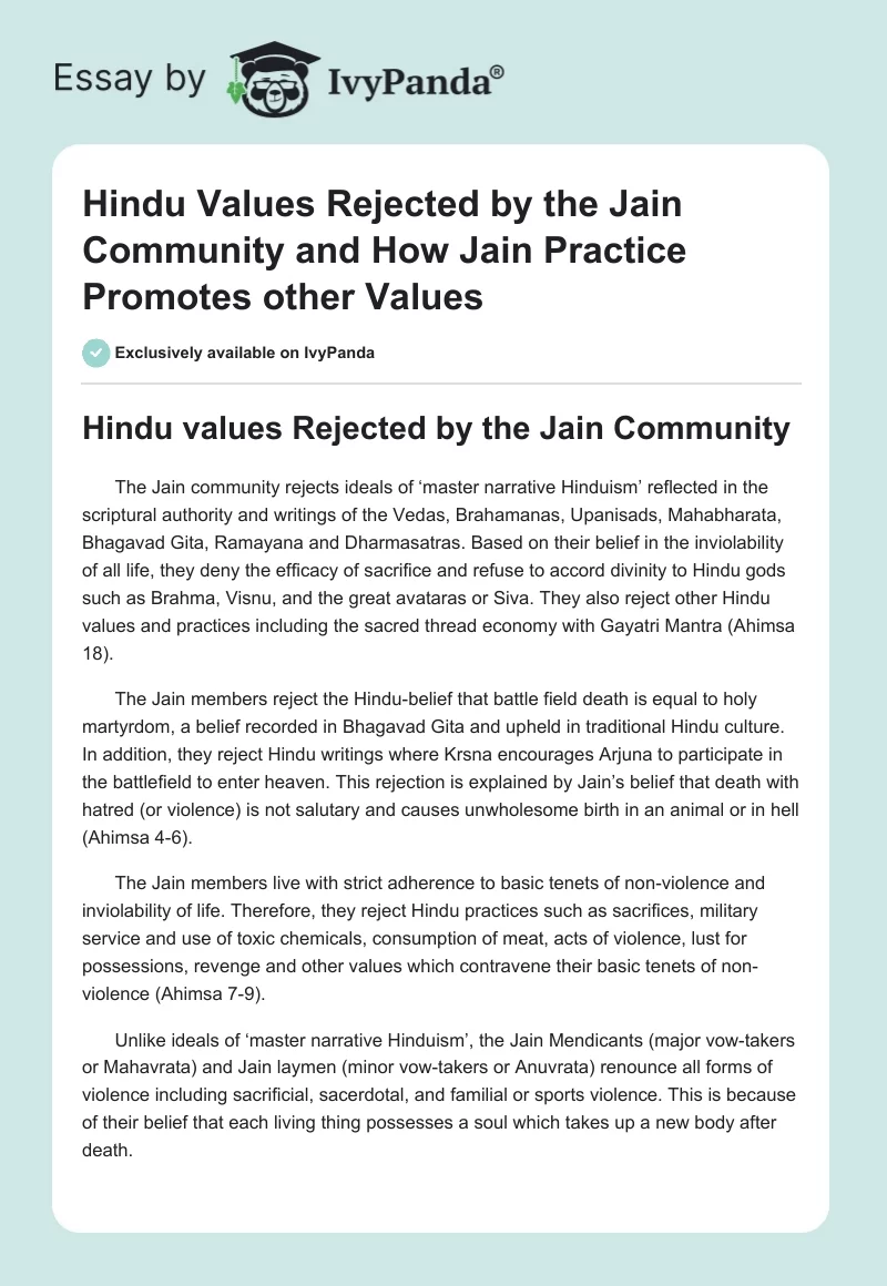 Hindu Values Rejected by the Jain Community and How Jain Practice Promotes other Values. Page 1