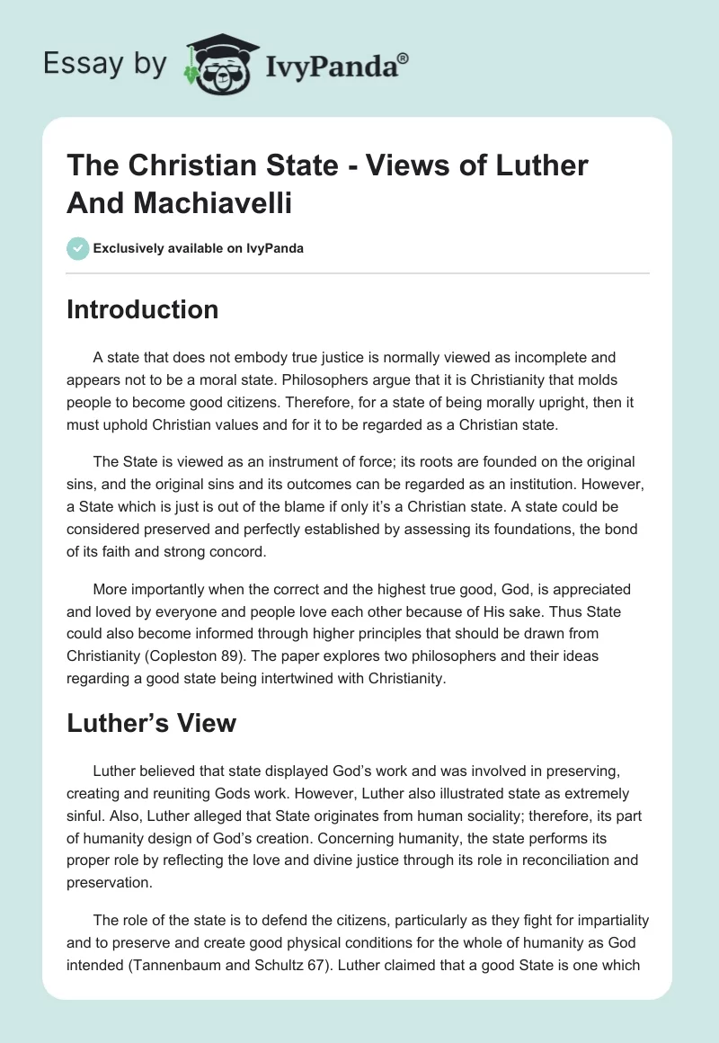 The Christian State - Views of Luther And Machiavelli. Page 1