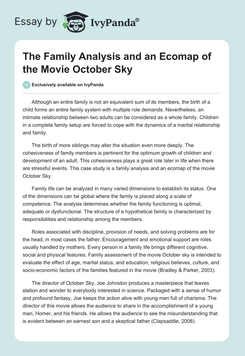 The Family Analysis and an Ecomap of the Movie October Sky. Page 1