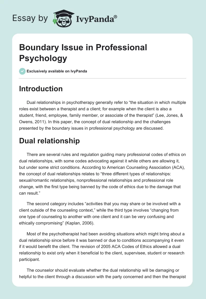 Boundary Issue in Professional Psychology. Page 1