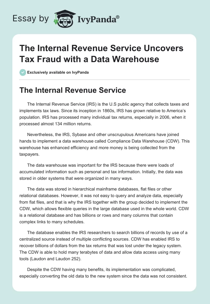 The Internal Revenue Service Uncovers Tax Fraud with a Data Warehouse. Page 1