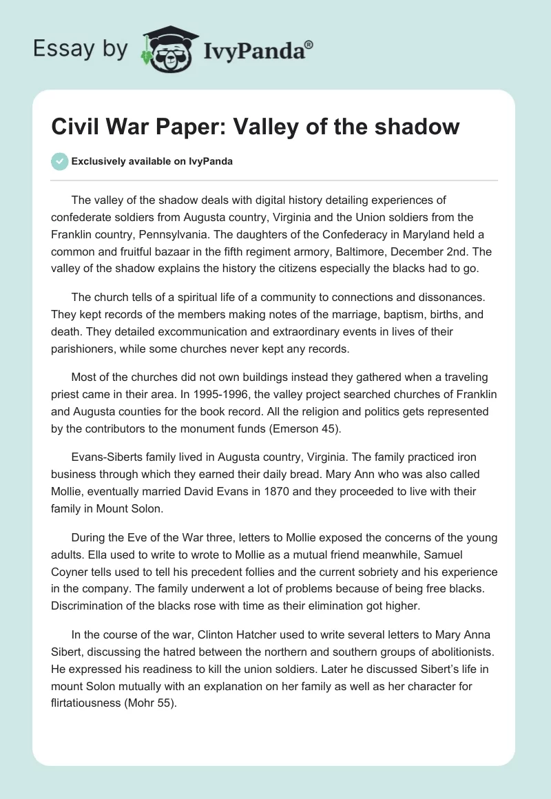 Civil War Paper: Valley of the Shadow. Page 1