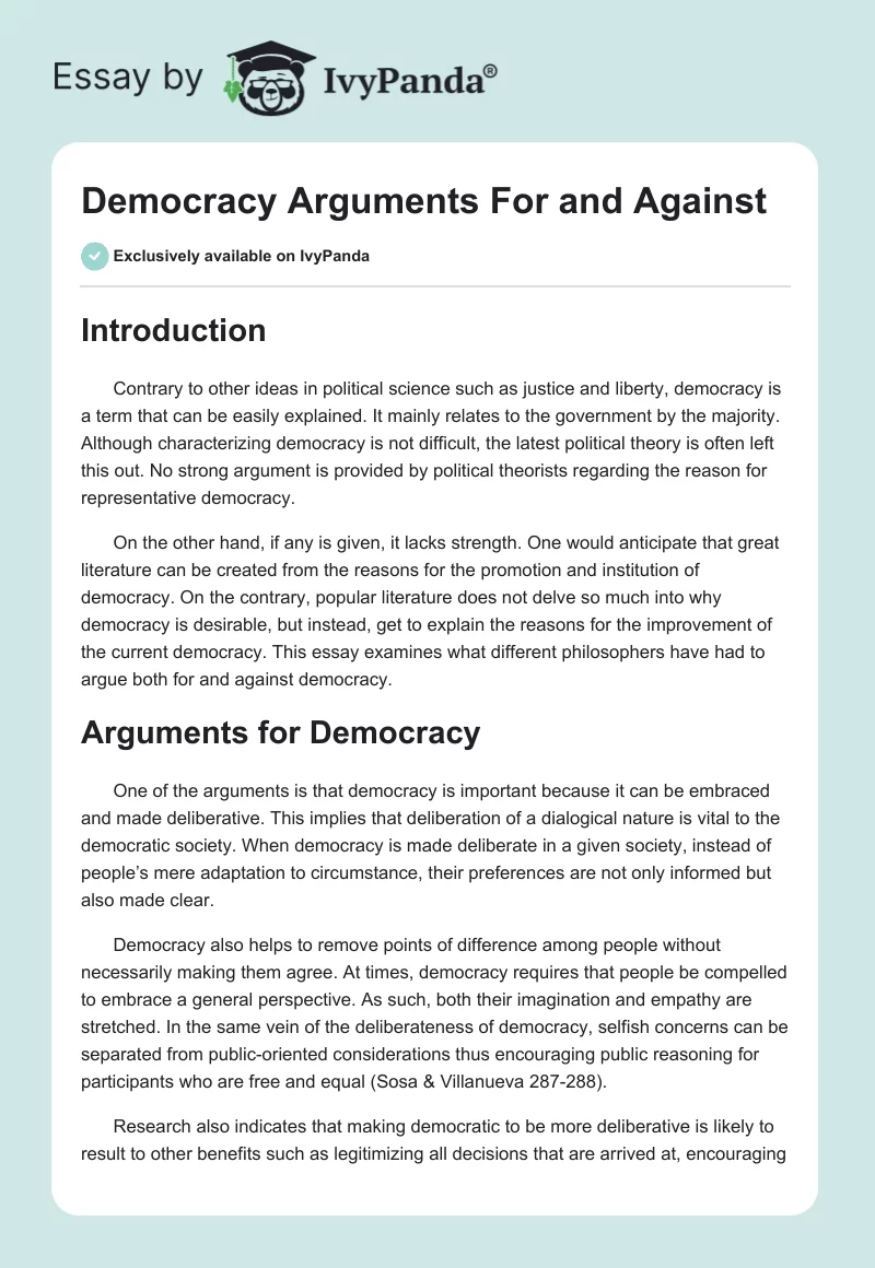 Democracy Arguments For and Against. Page 1