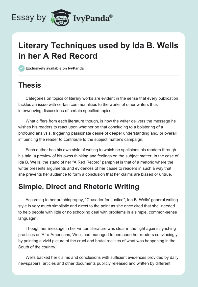 Literary Techniques used by Ida B. Wells in her A Red Record. Page 1
