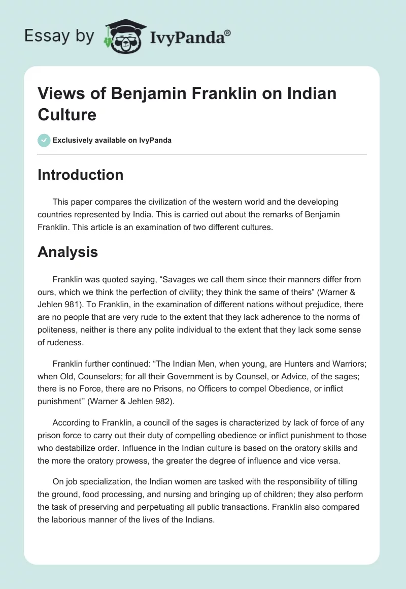 Views of Benjamin Franklin on Indian Culture. Page 1