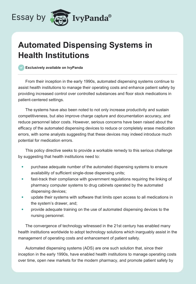 Automated Dispensing Systems in Health Institutions. Page 1
