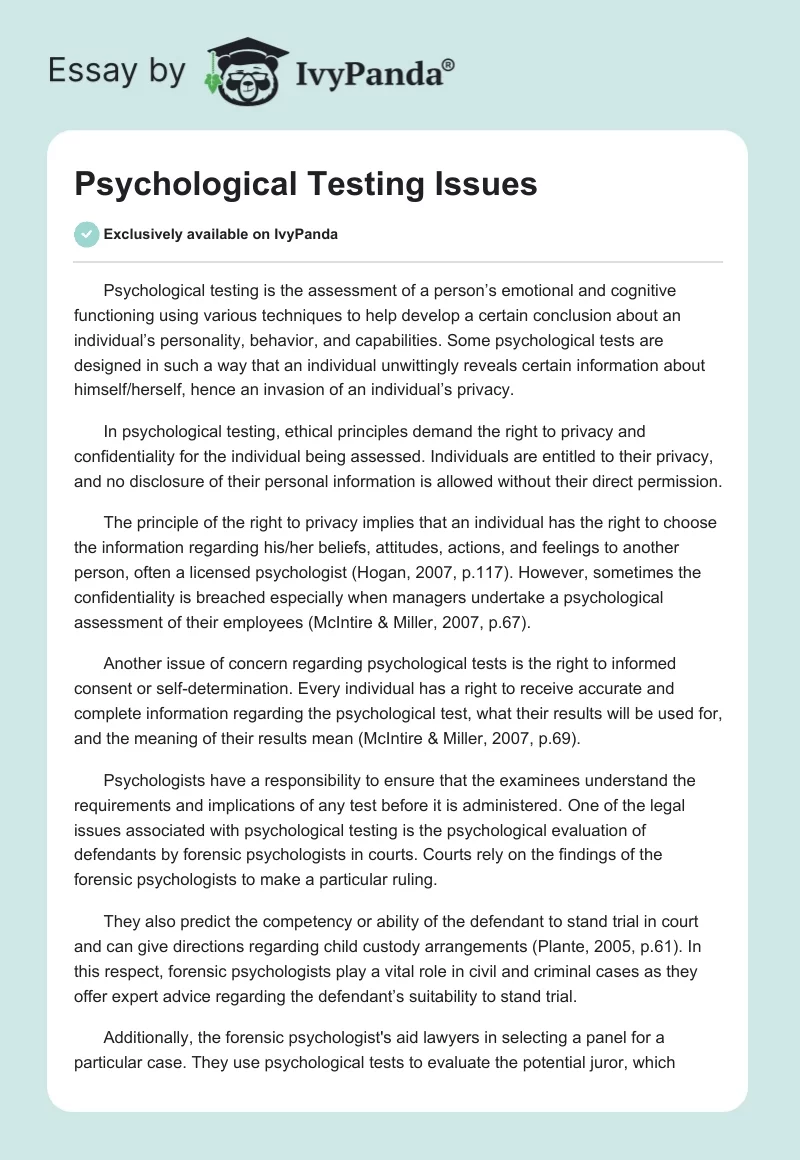 Psychological Testing Issues. Page 1