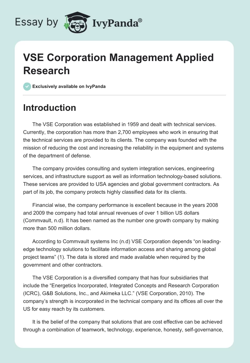 VSE Corporation Management Applied Research. Page 1
