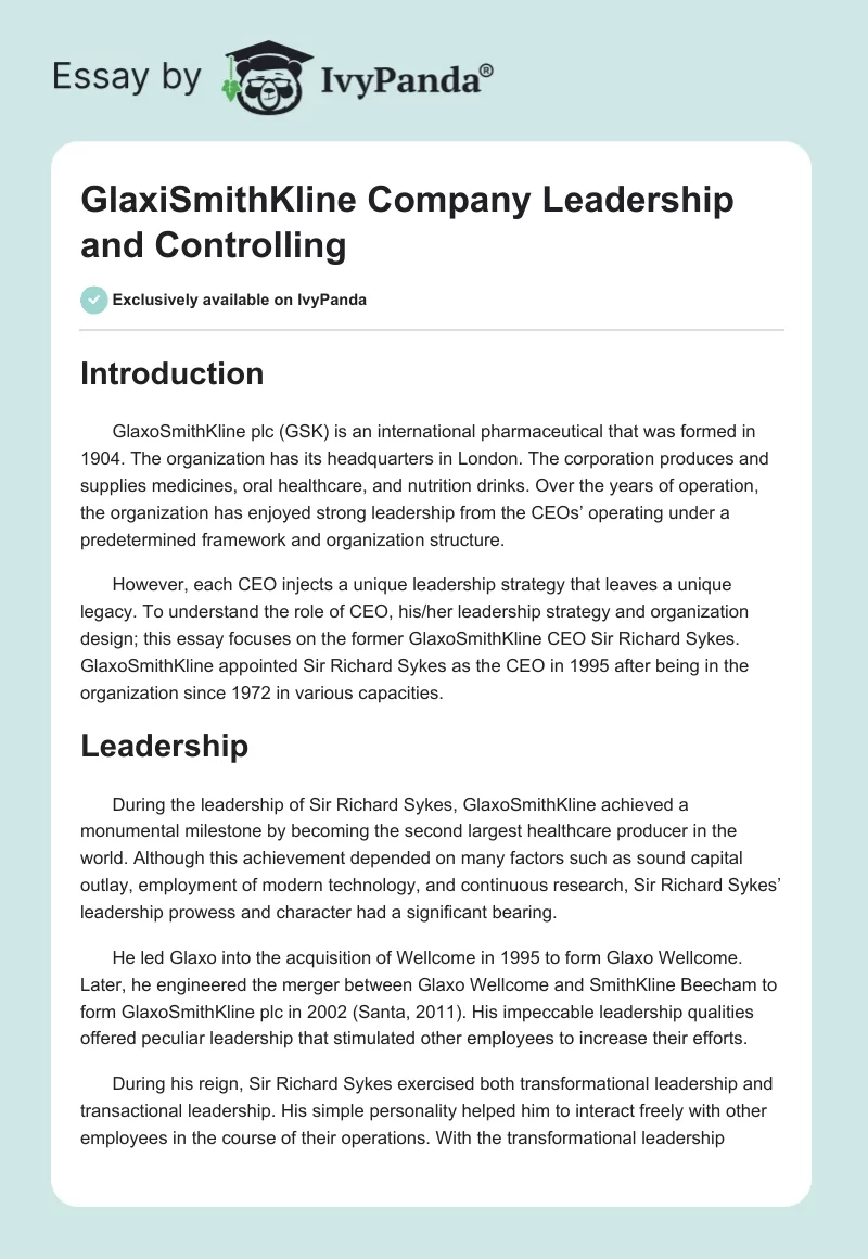 GlaxiSmithKline Company Leadership and Controlling. Page 1