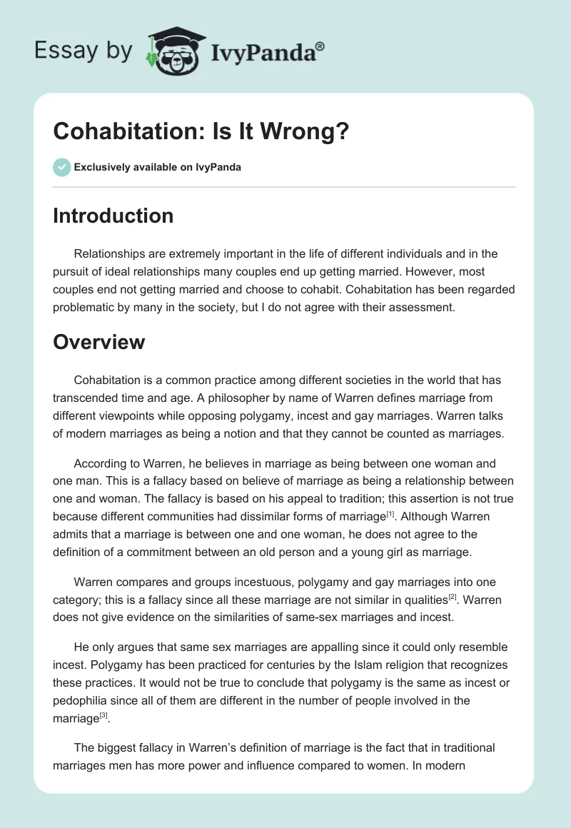 Cohabitation: Is It Wrong?. Page 1