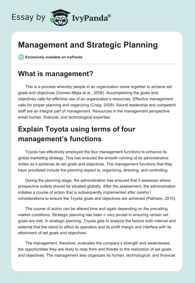 Management and Strategic Planning. Page 1