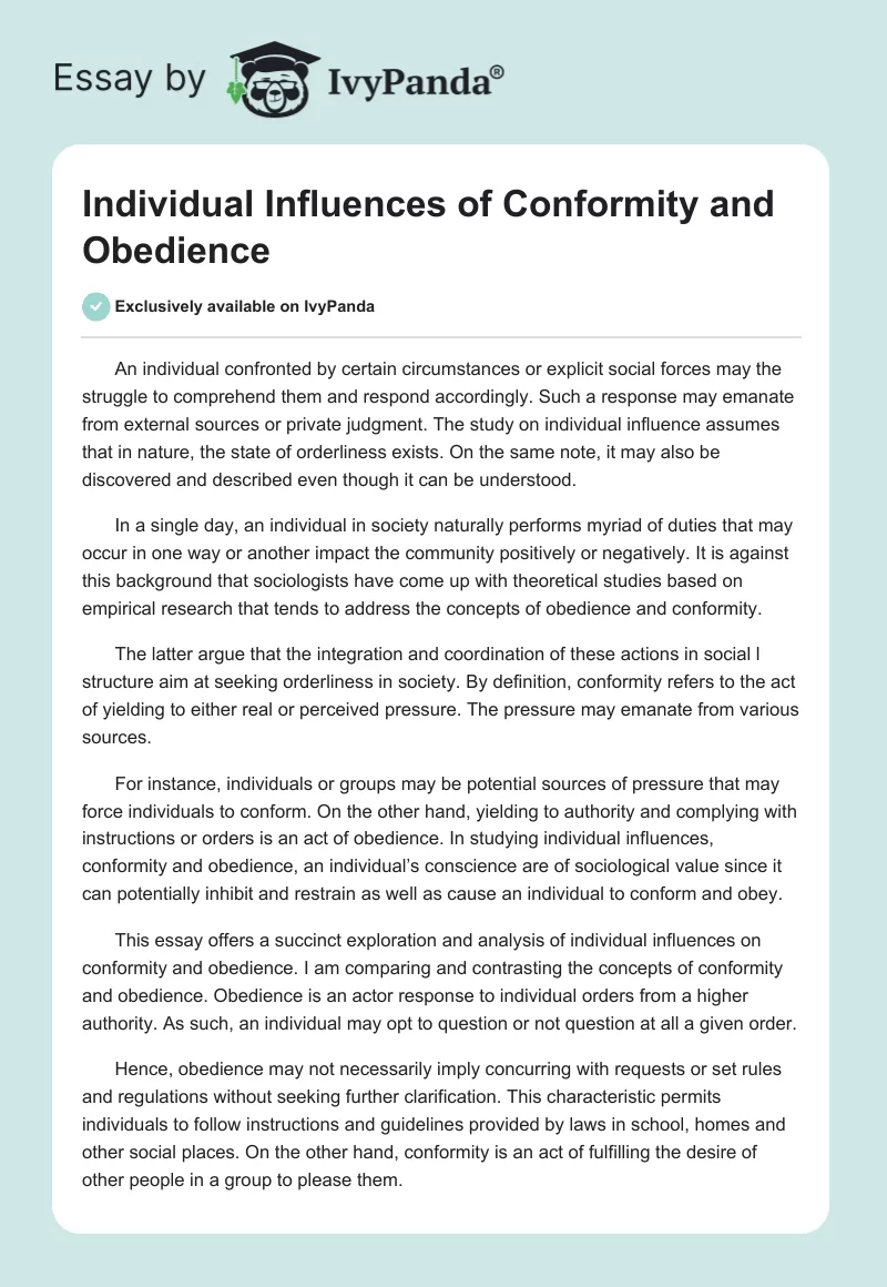 Individual Influences of Conformity and Obedience. Page 1