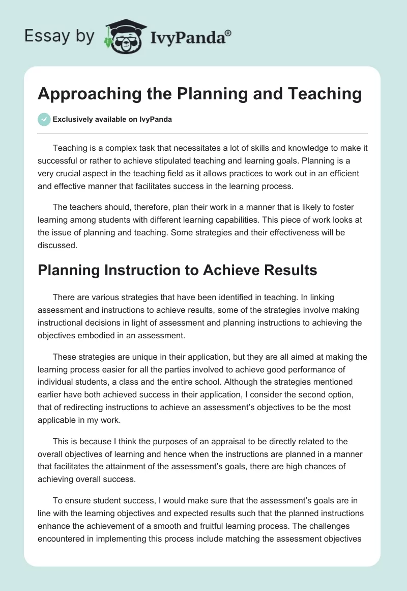 Approaching the Planning and Teaching. Page 1