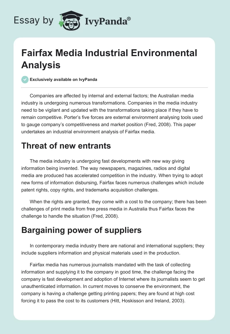 Fairfax Media Industrial Environmental Analysis. Page 1