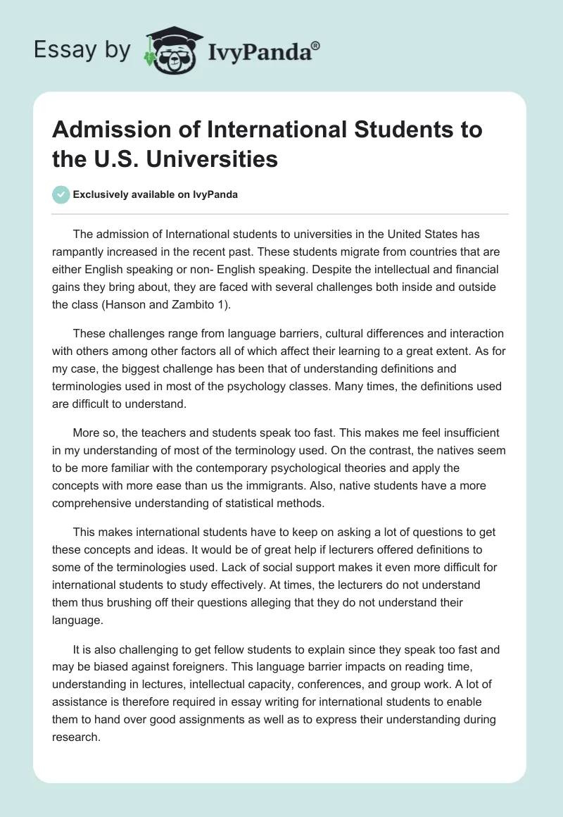 Admission of International Students to the U.S. Universities. Page 1