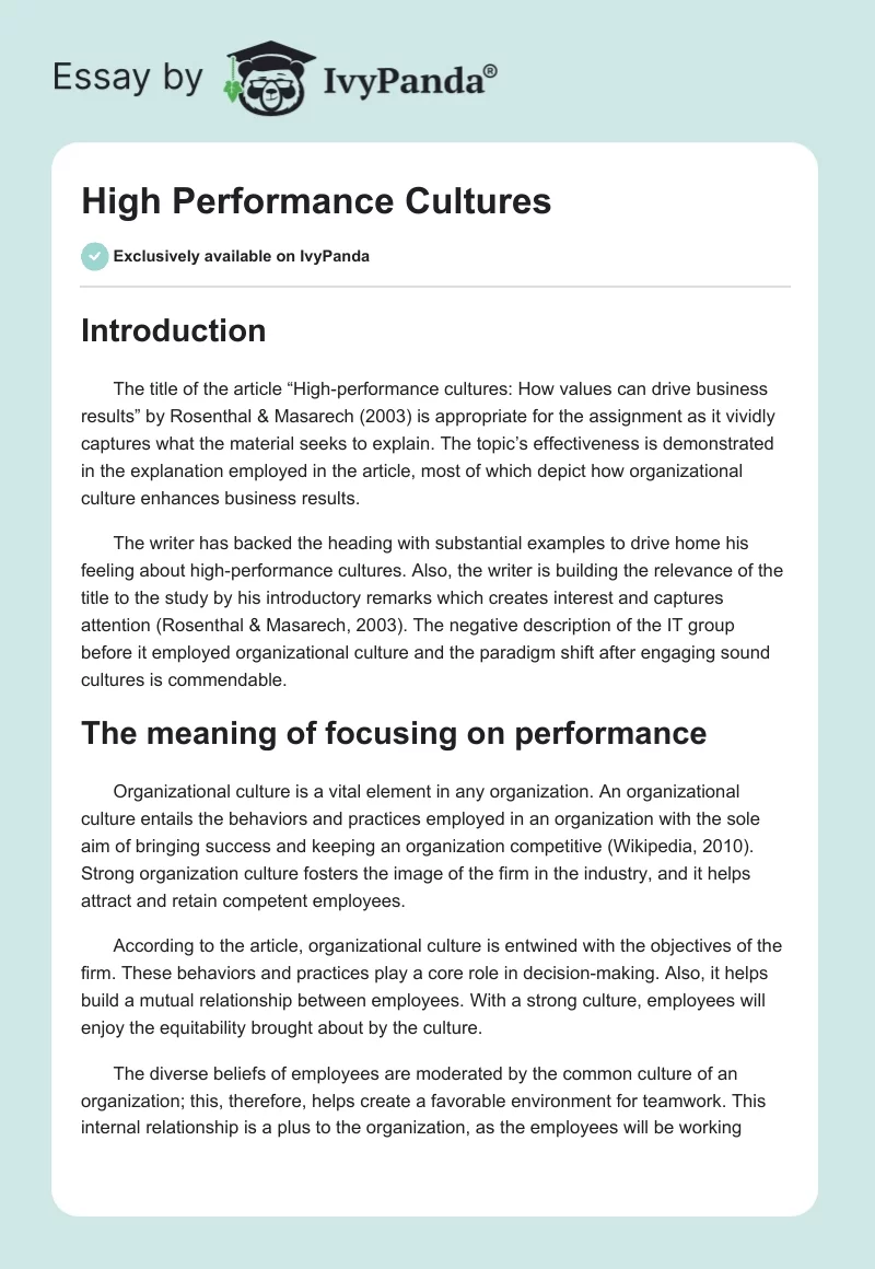 High Performance Cultures. Page 1