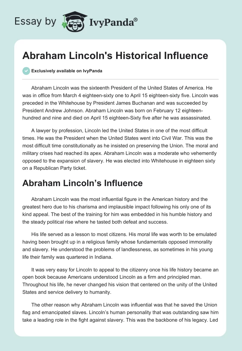 Abraham Lincoln's Historical Influence. Page 1