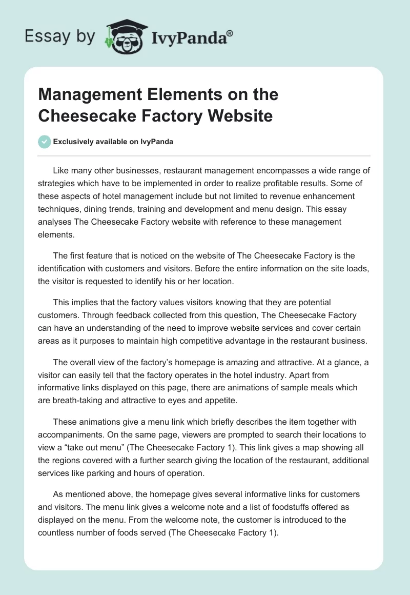 Management Elements on the Cheesecake Factory Website. Page 1