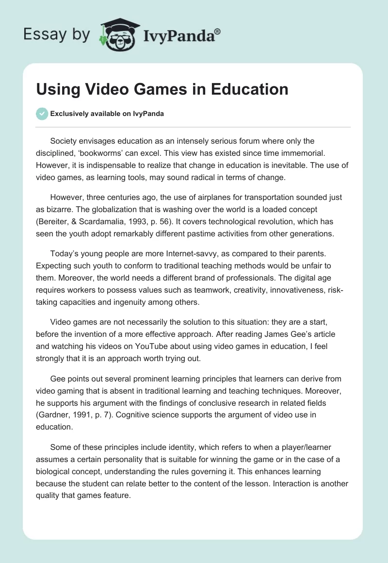 Video Games in Education - Free Essay Example - 1258 Words