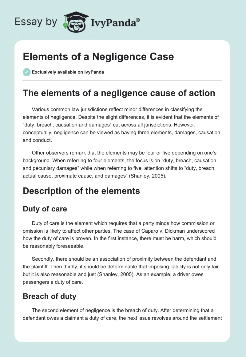 Elements of a Negligence Case. Page 1