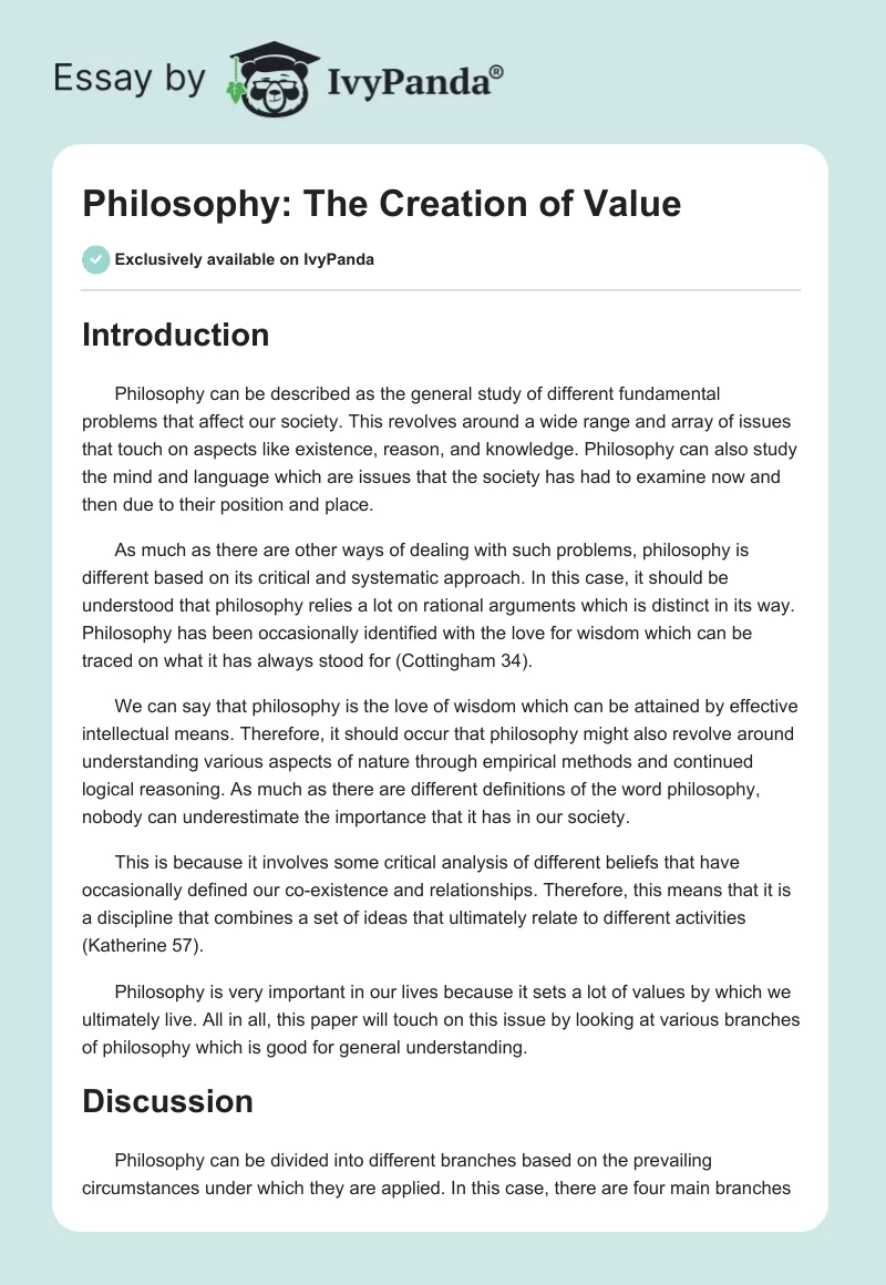 Philosophy: The Creation of Value. Page 1