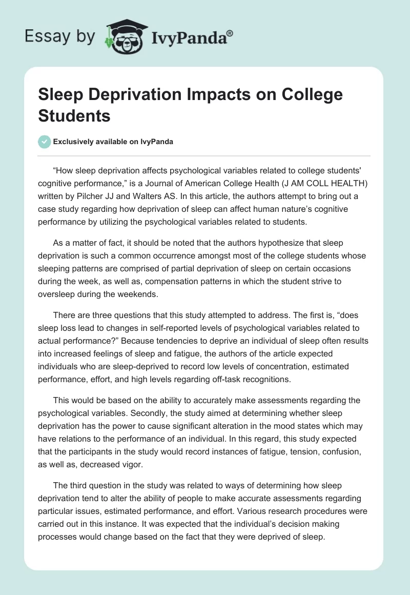 Sleep Deprivation Impacts on College Students. Page 1