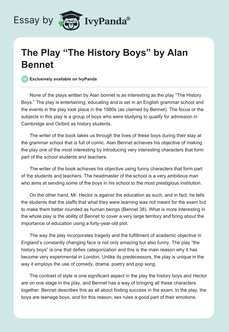 The Play “The History Boys” by Alan Bennet. Page 1