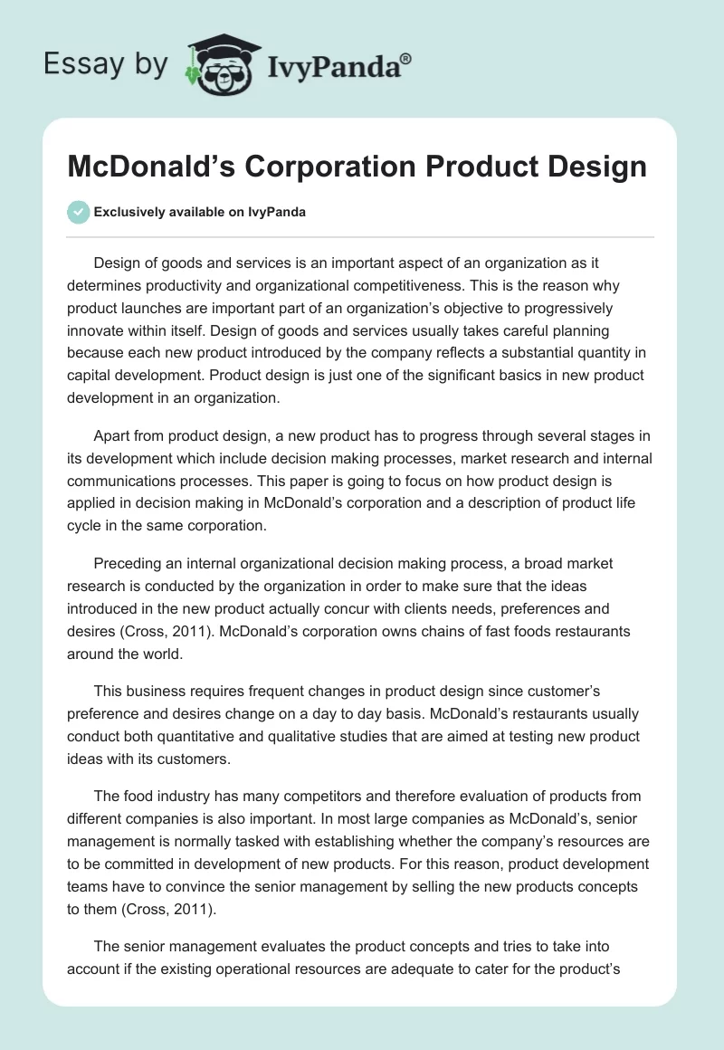 McDonald’s Corporation Product Design. Page 1