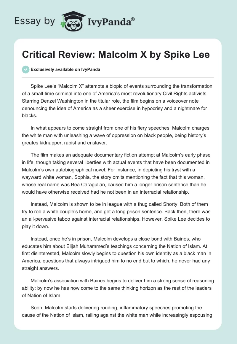 Critical Review: Malcolm X by Spike Lee. Page 1