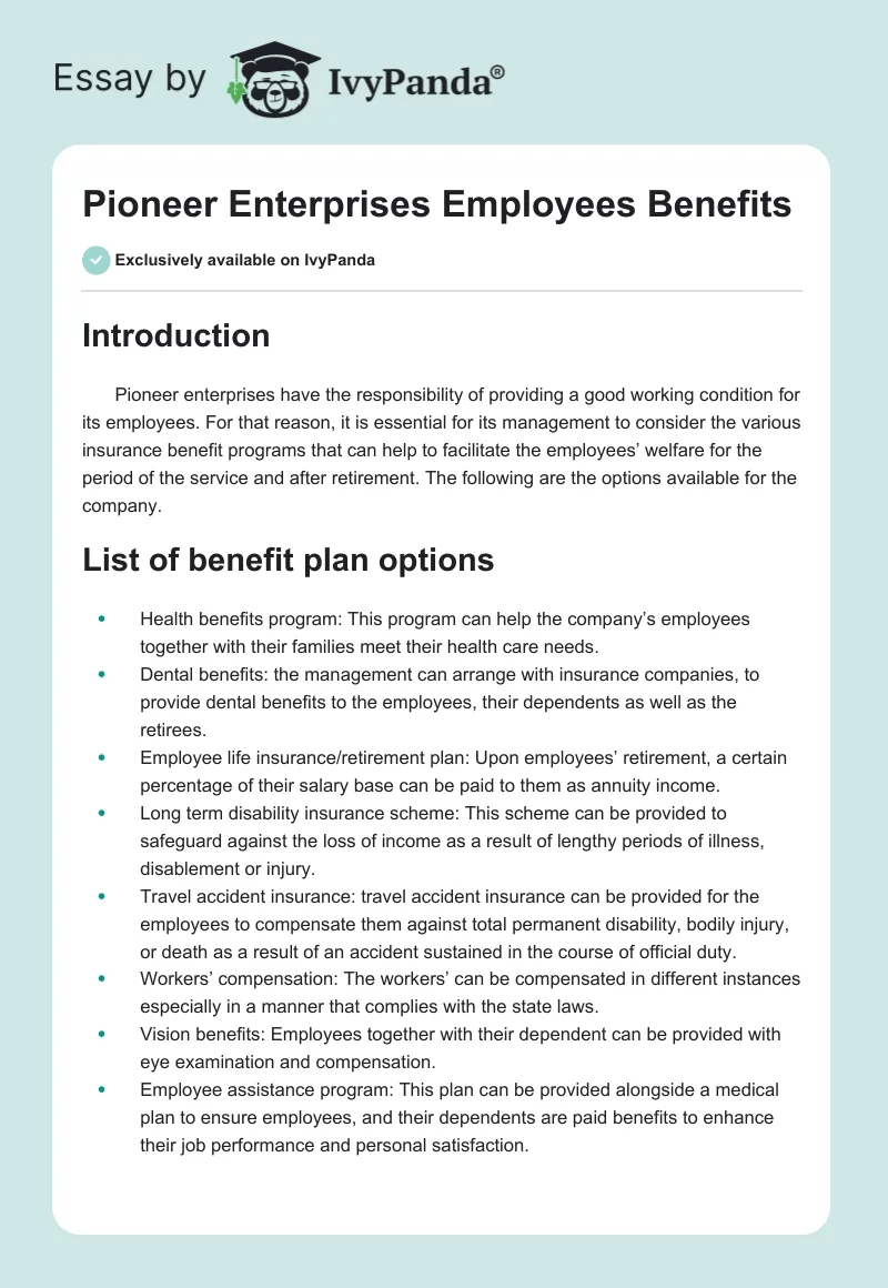 Pioneer Enterprises Employees Benefits. Page 1