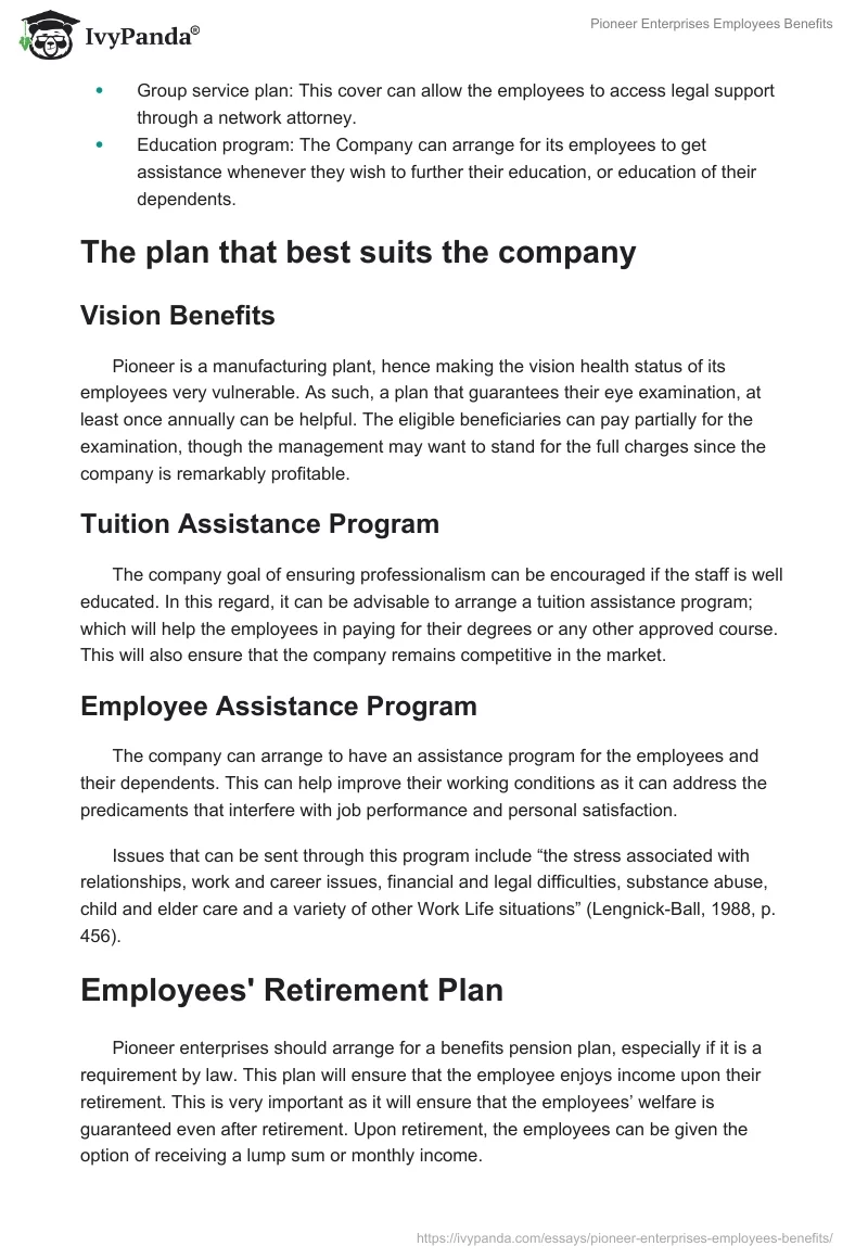 Pioneer Enterprises Employees Benefits. Page 2