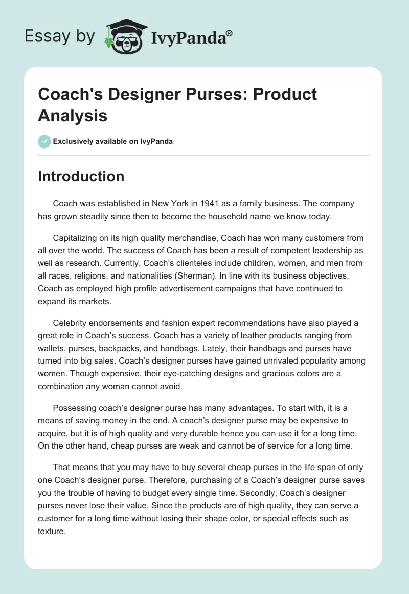 Coach's Designer Purses: Product Analysis. Page 1