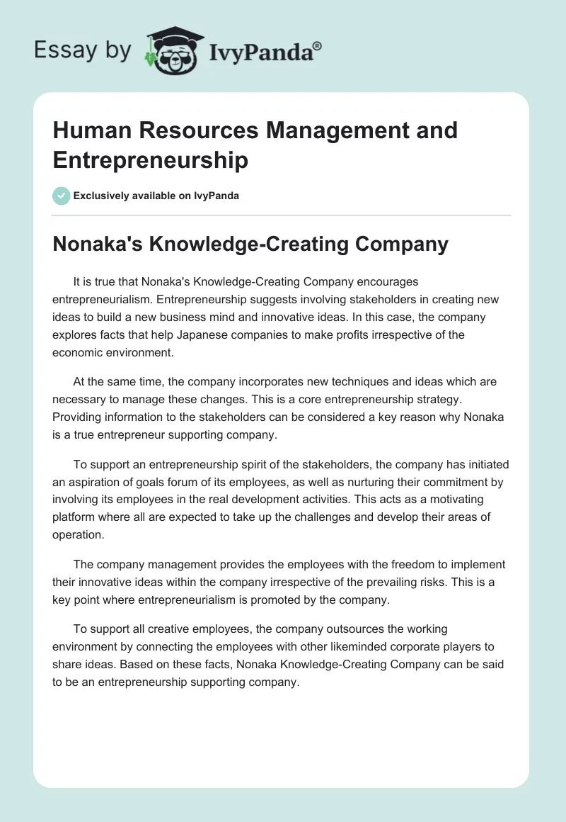 Human Resources Management and Entrepreneurship. Page 1
