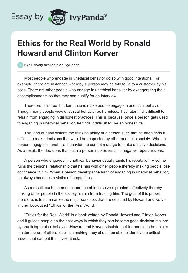"Ethics for the Real World" by Ronald Howard and Clinton Korver. Page 1