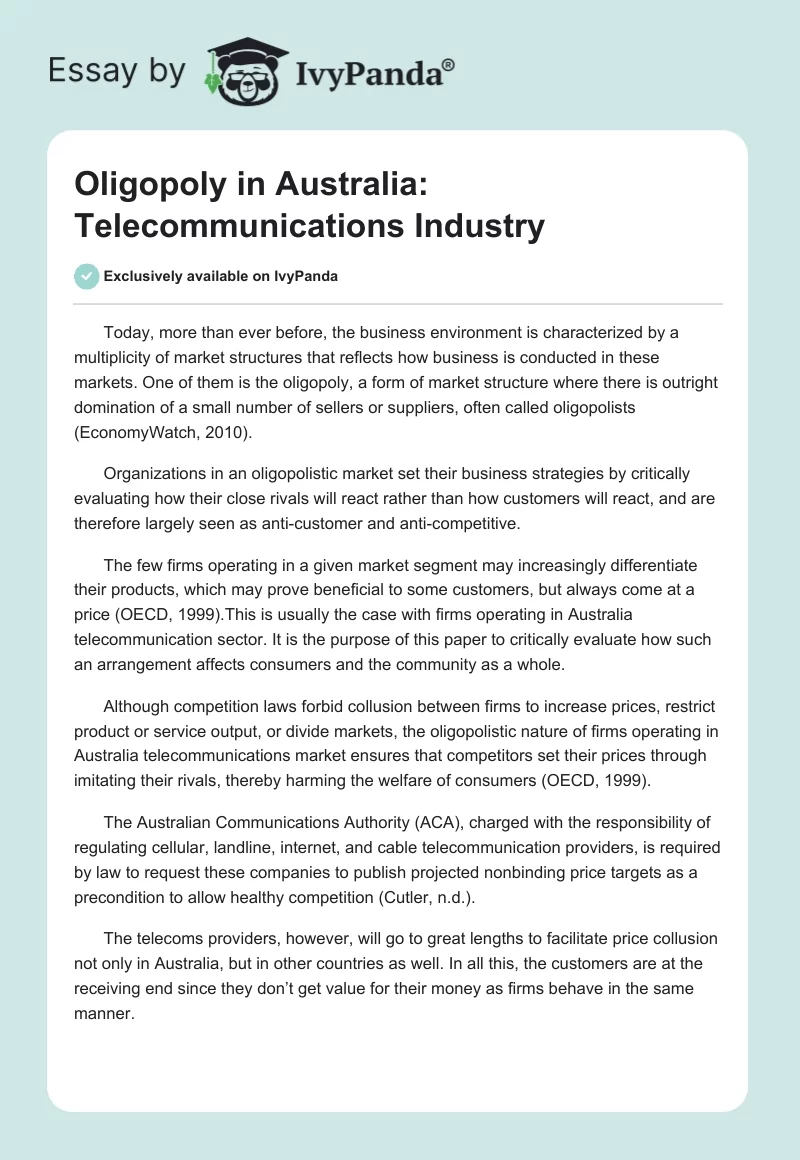 Oligopoly in Australia: Telecommunications Industry. Page 1