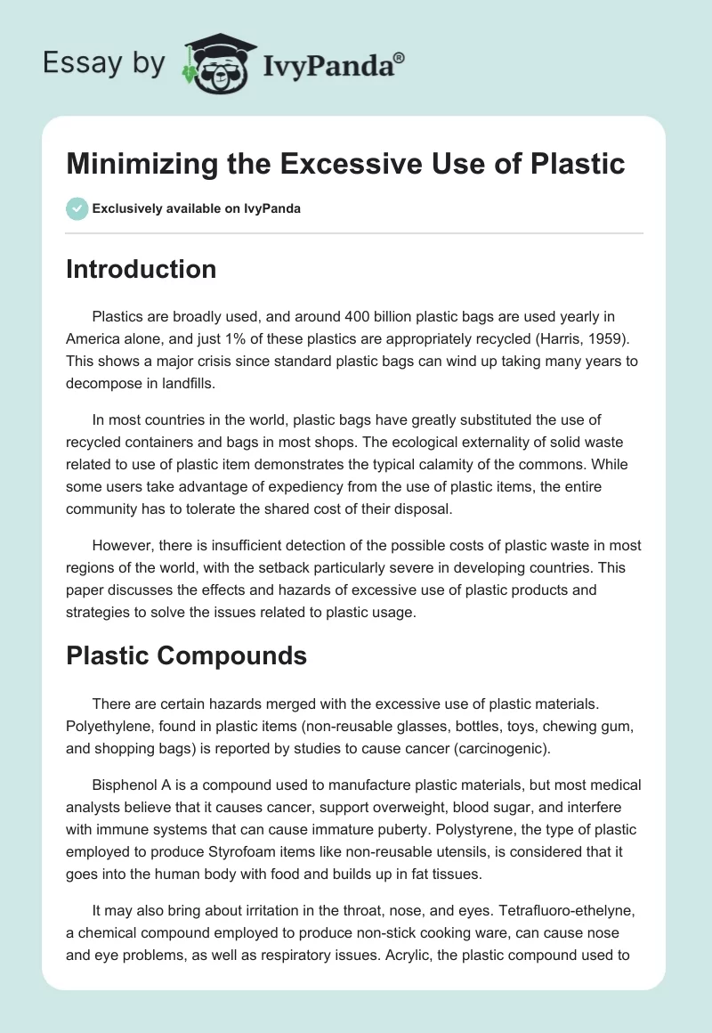 Minimizing the Excessive Use of Plastic. Page 1