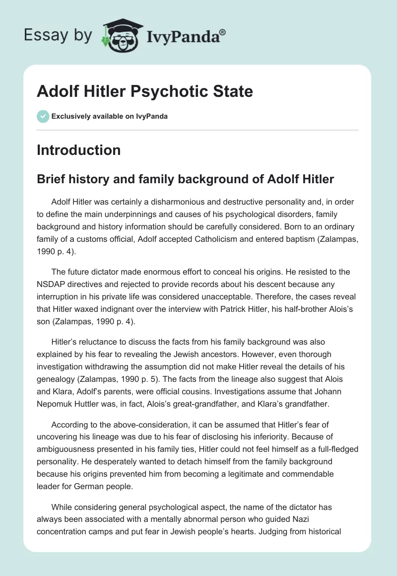 Adolf Hitler Psychotic State. Page 1