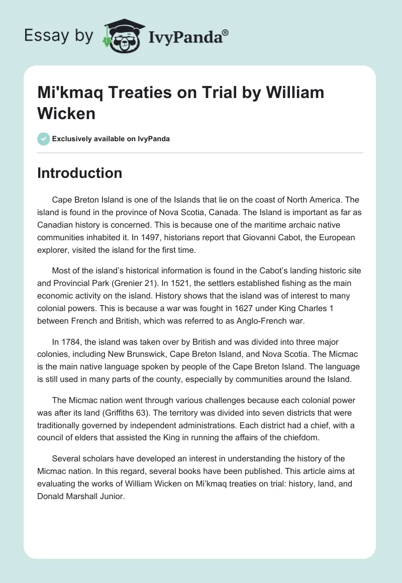 "Mi'kmaq Treaties on Trial" by William Wicken. Page 1