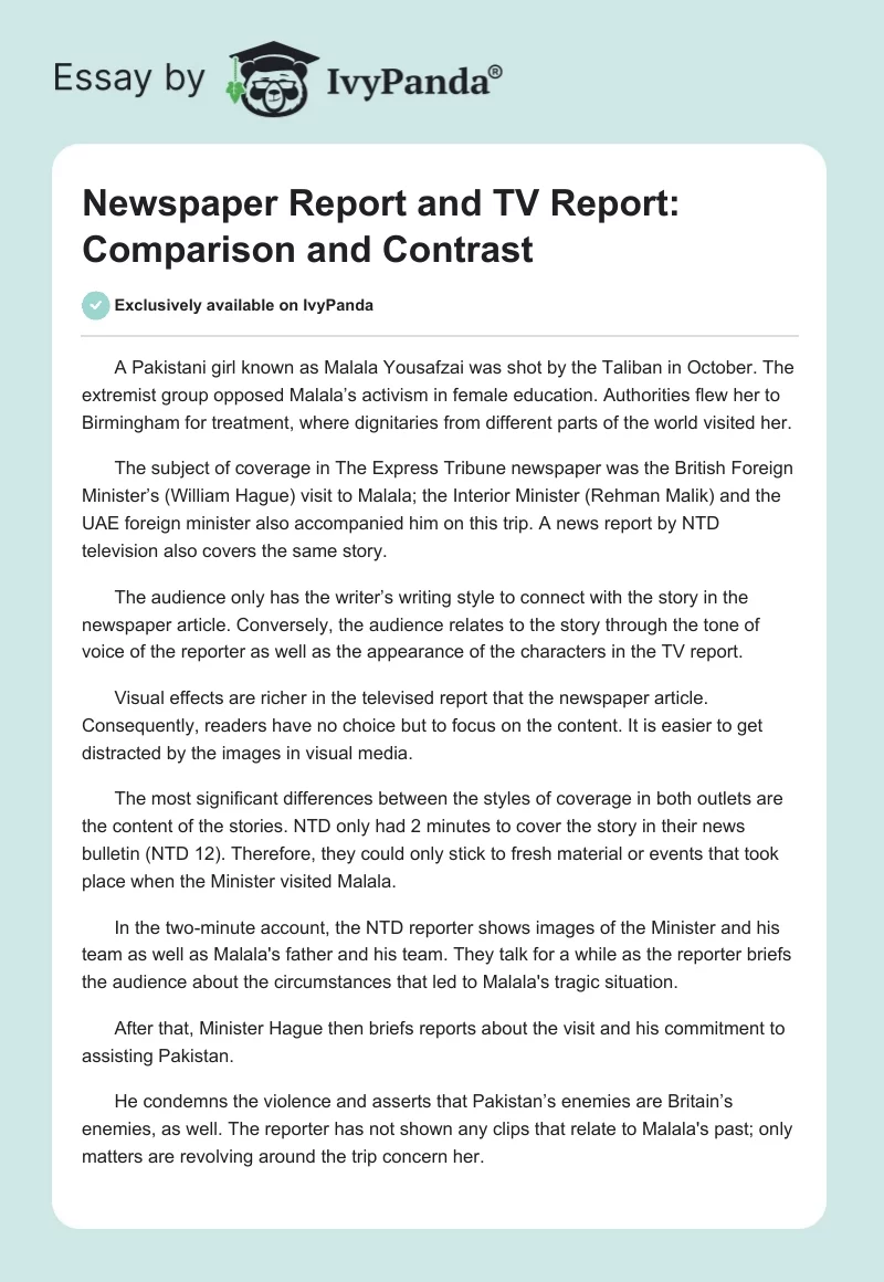 Newspaper Report and TV Report: Comparison and Contrast. Page 1