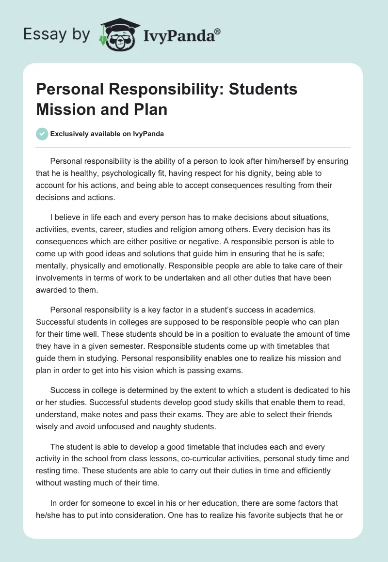 Personal Responsibility: Students Mission and Plan. Page 1