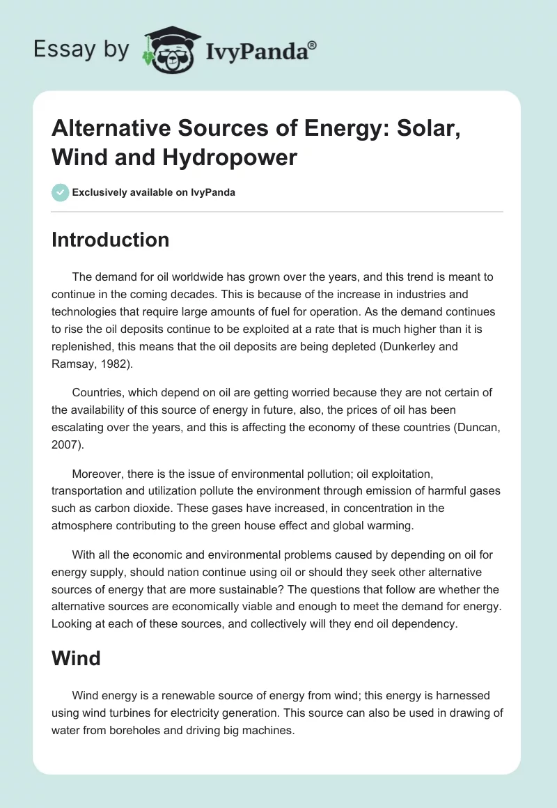 Alternative Sources of Energy: Solar, Wind, and Hydropower. Page 1