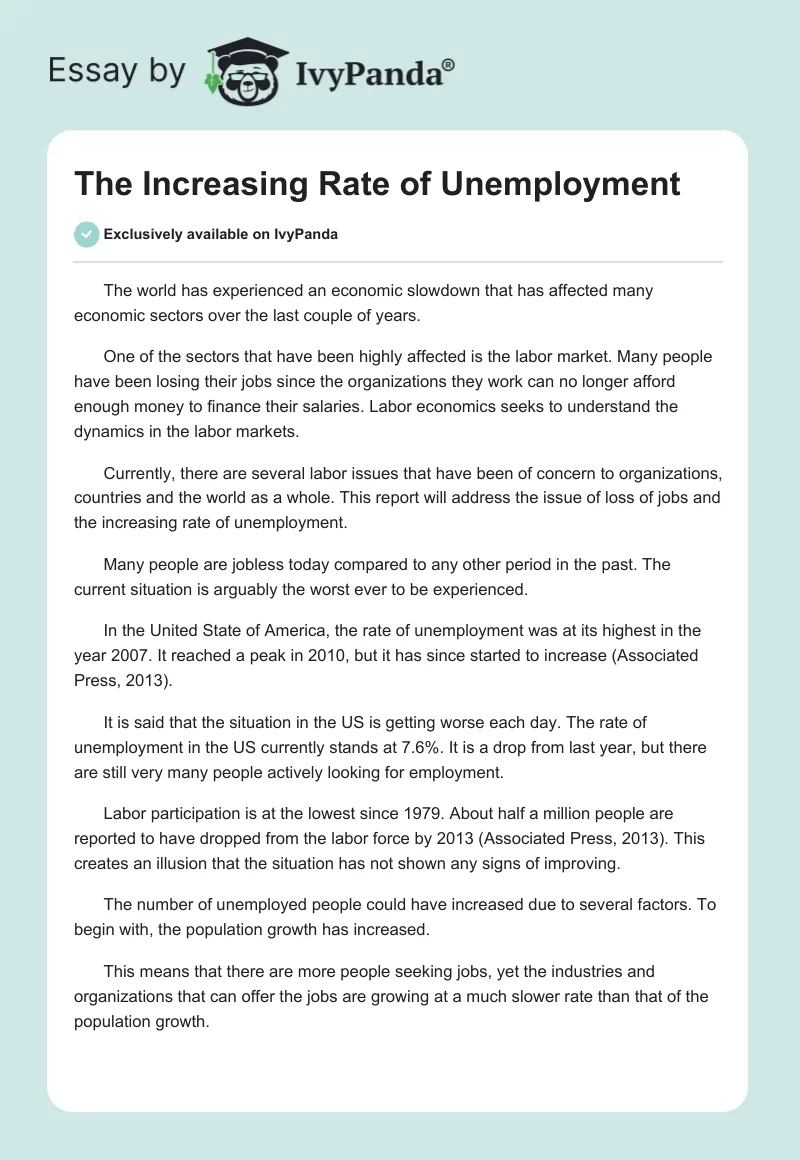 The Increasing Rate of Unemployment. Page 1