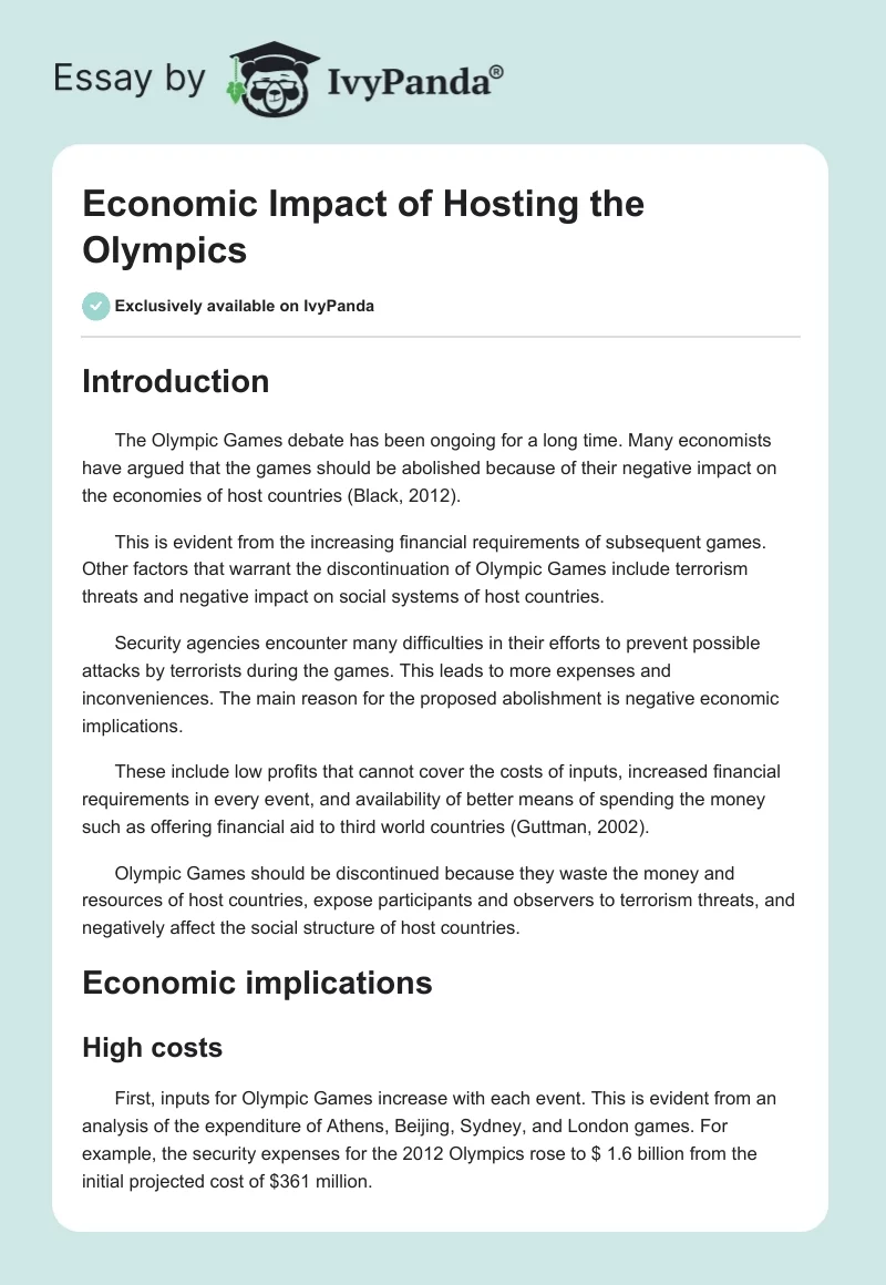 Economic Impact of Hosting the Olympics. Page 1