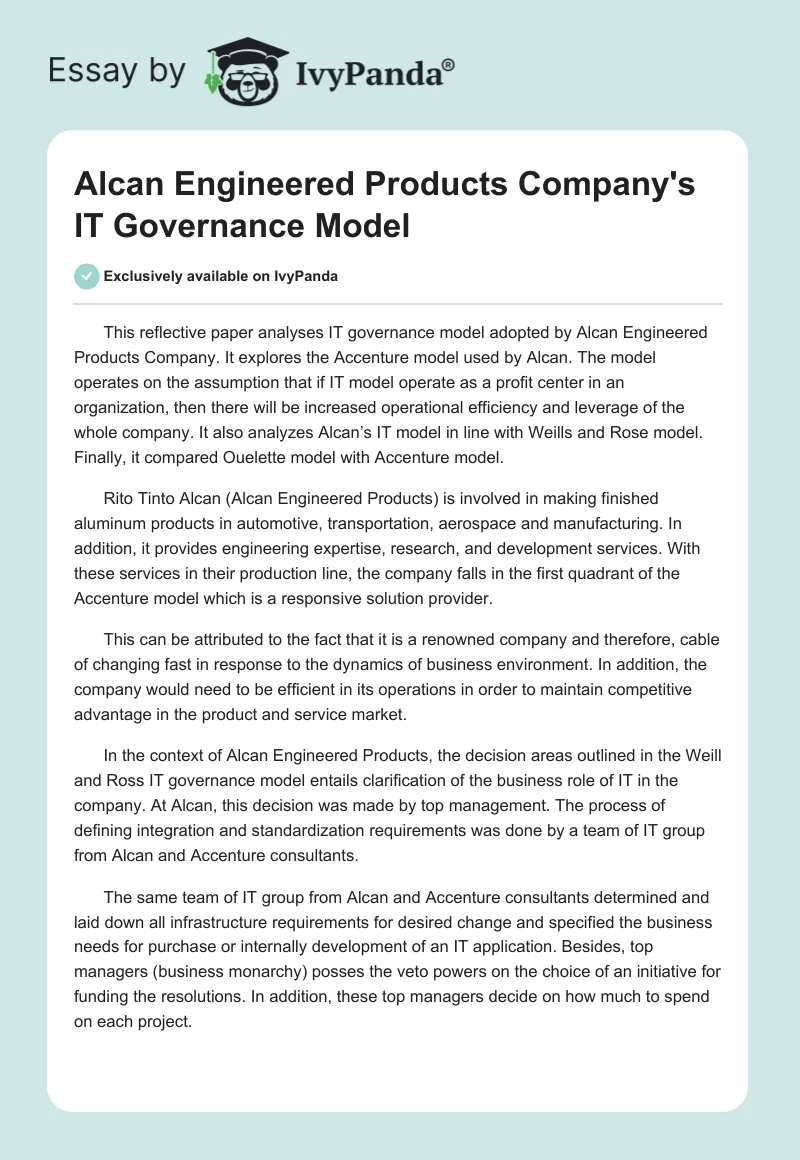 Alcan Engineered Products Company's IT Governance Model. Page 1