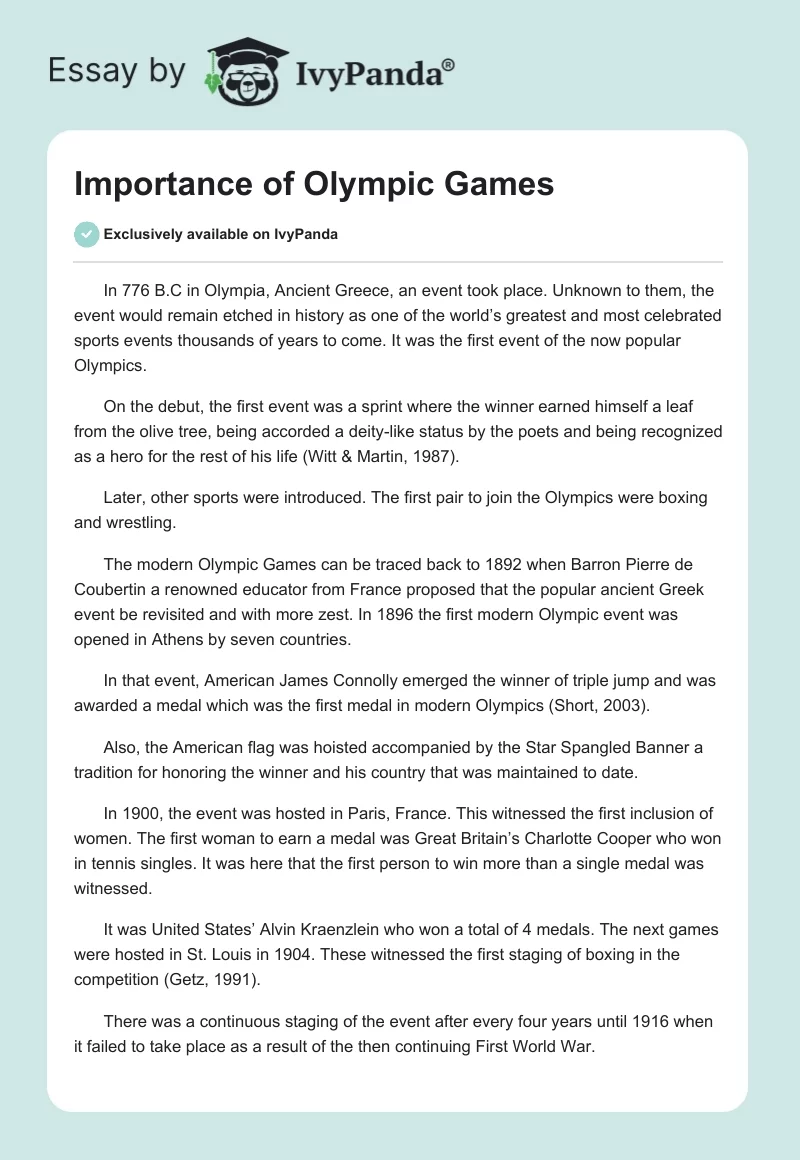 Importance of Olympic Games. Page 1