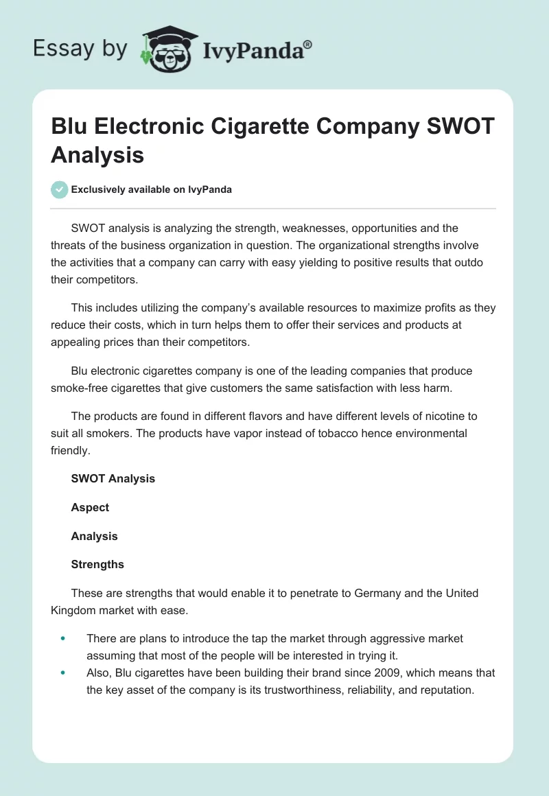 Blu Electronic Cigarette Company SWOT Analysis. Page 1