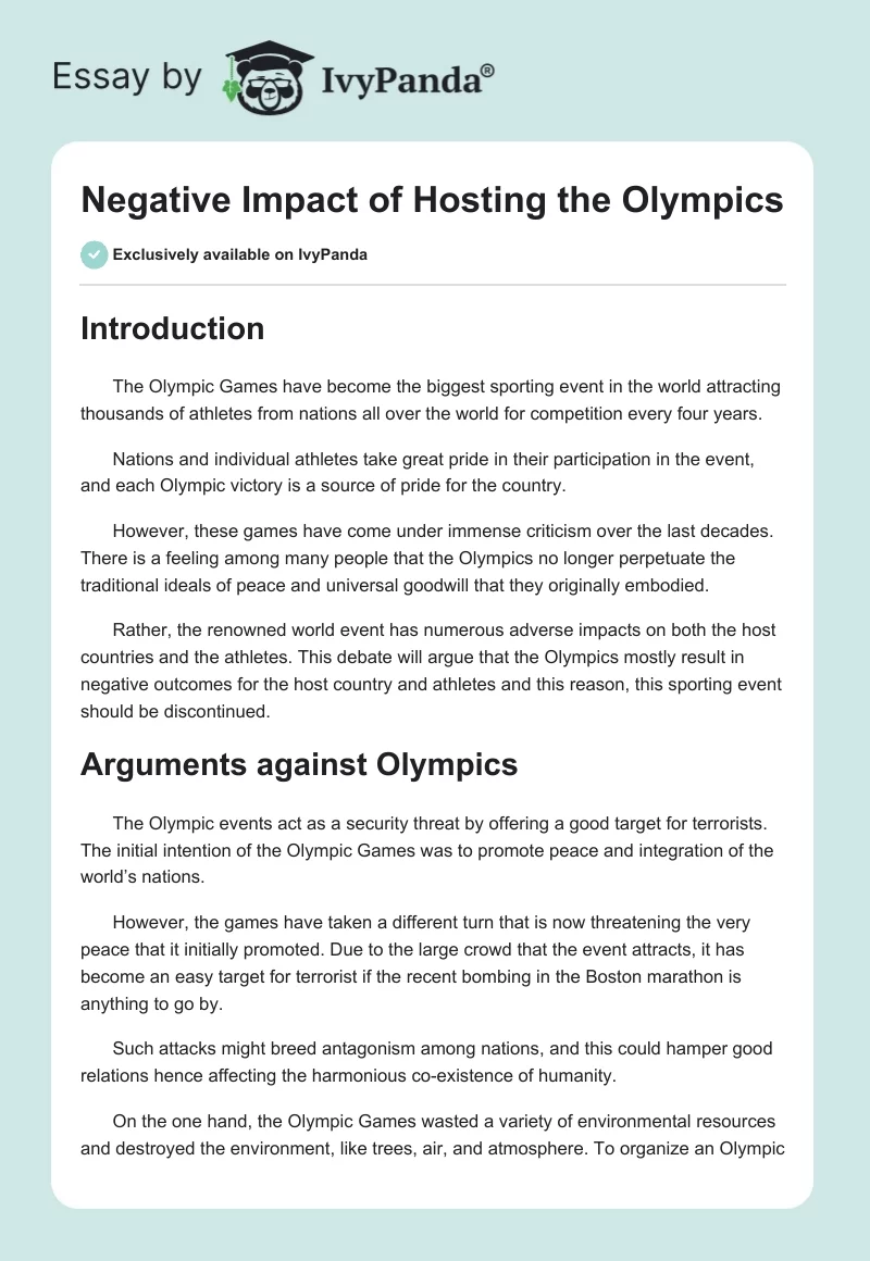 Negative Impact of Hosting the Olympics. Page 1