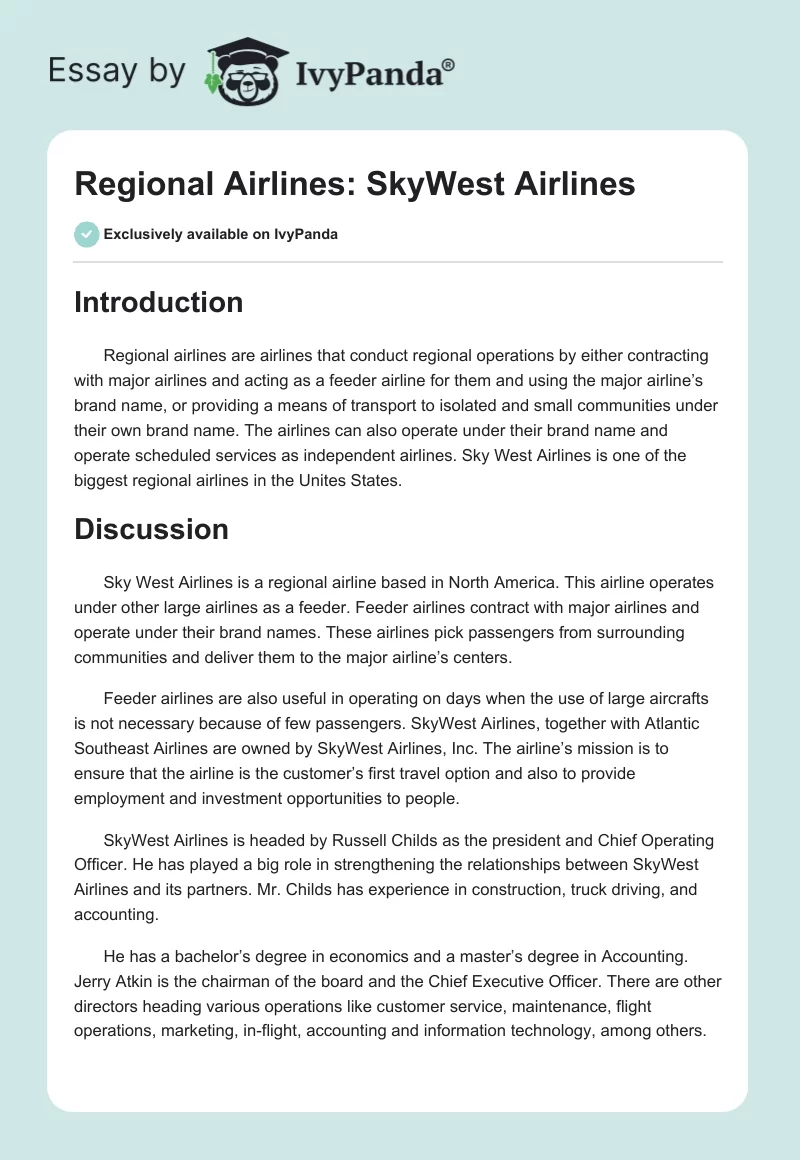 Regional Airlines: SkyWest Airlines. Page 1